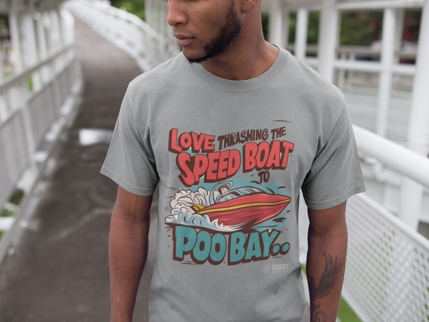 thrashing speed boat to poo bay t-shirt