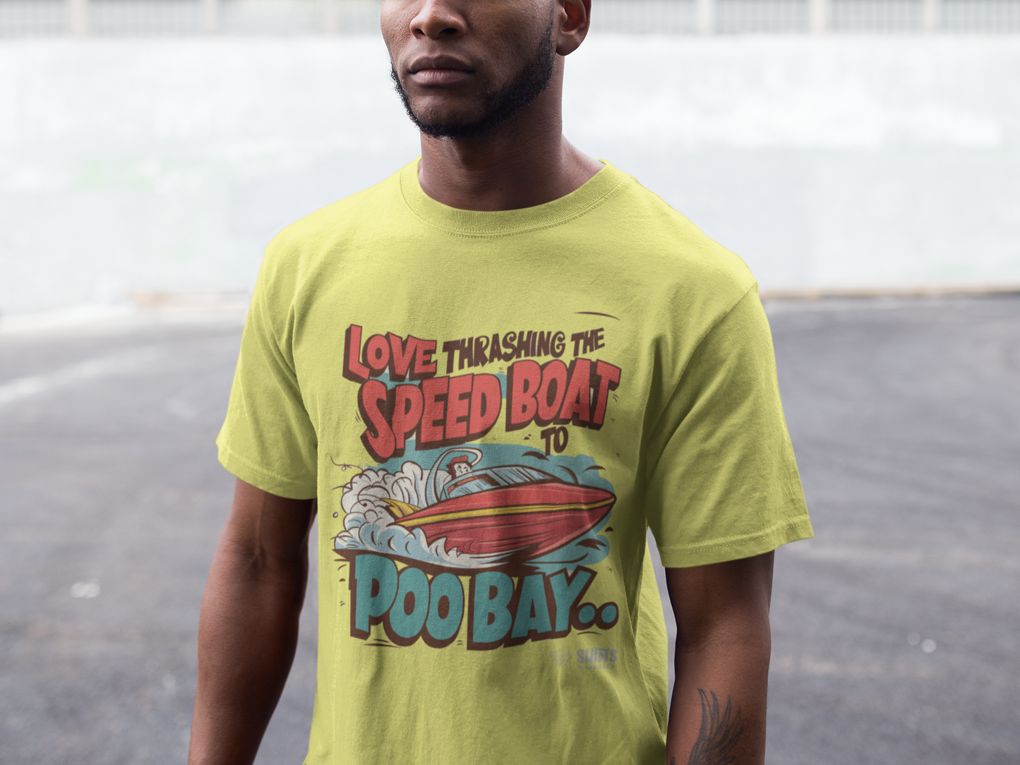 thrashing speed boat to poo bay t-shirt