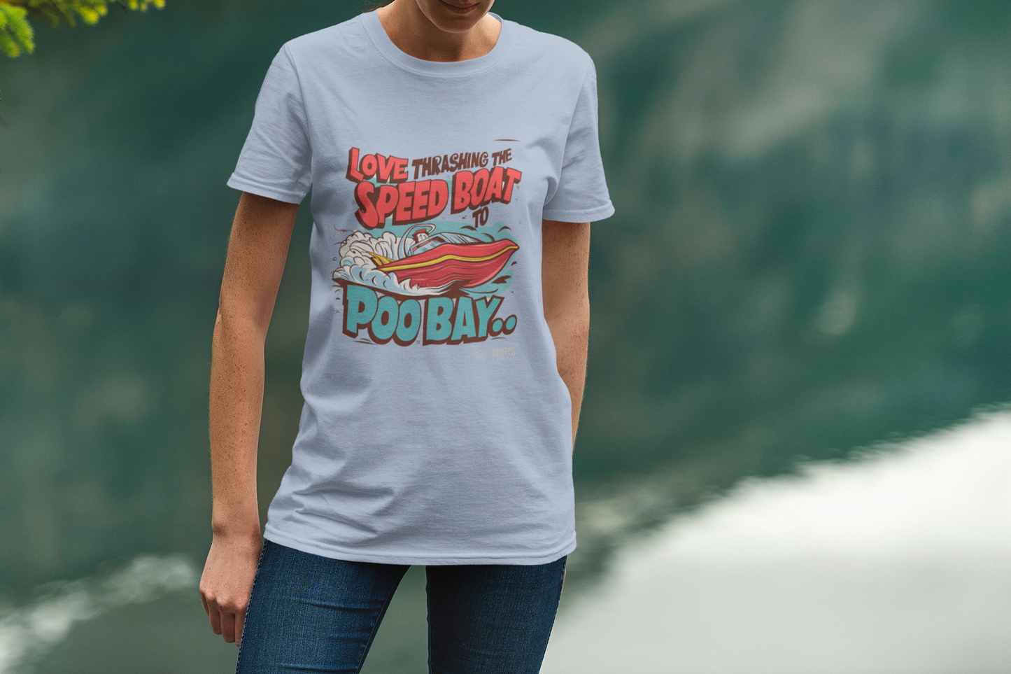 thrashing speed boat to poo bay t-shirt