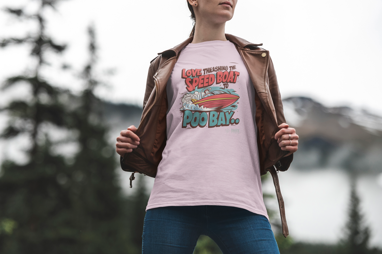 thrashing speed boat to poo bay t-shirt