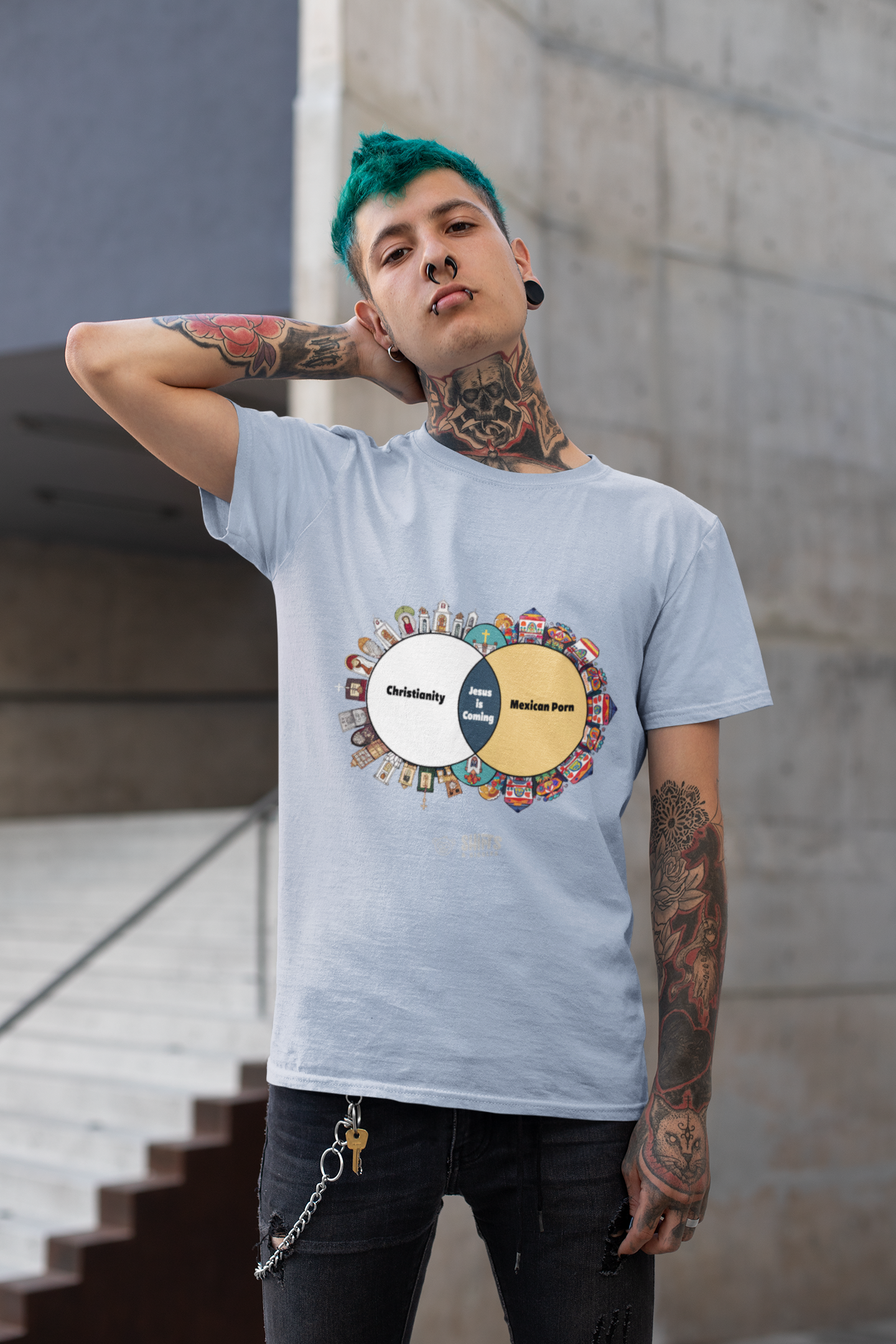 venn diagram - christianity / mexican porn t-shirt