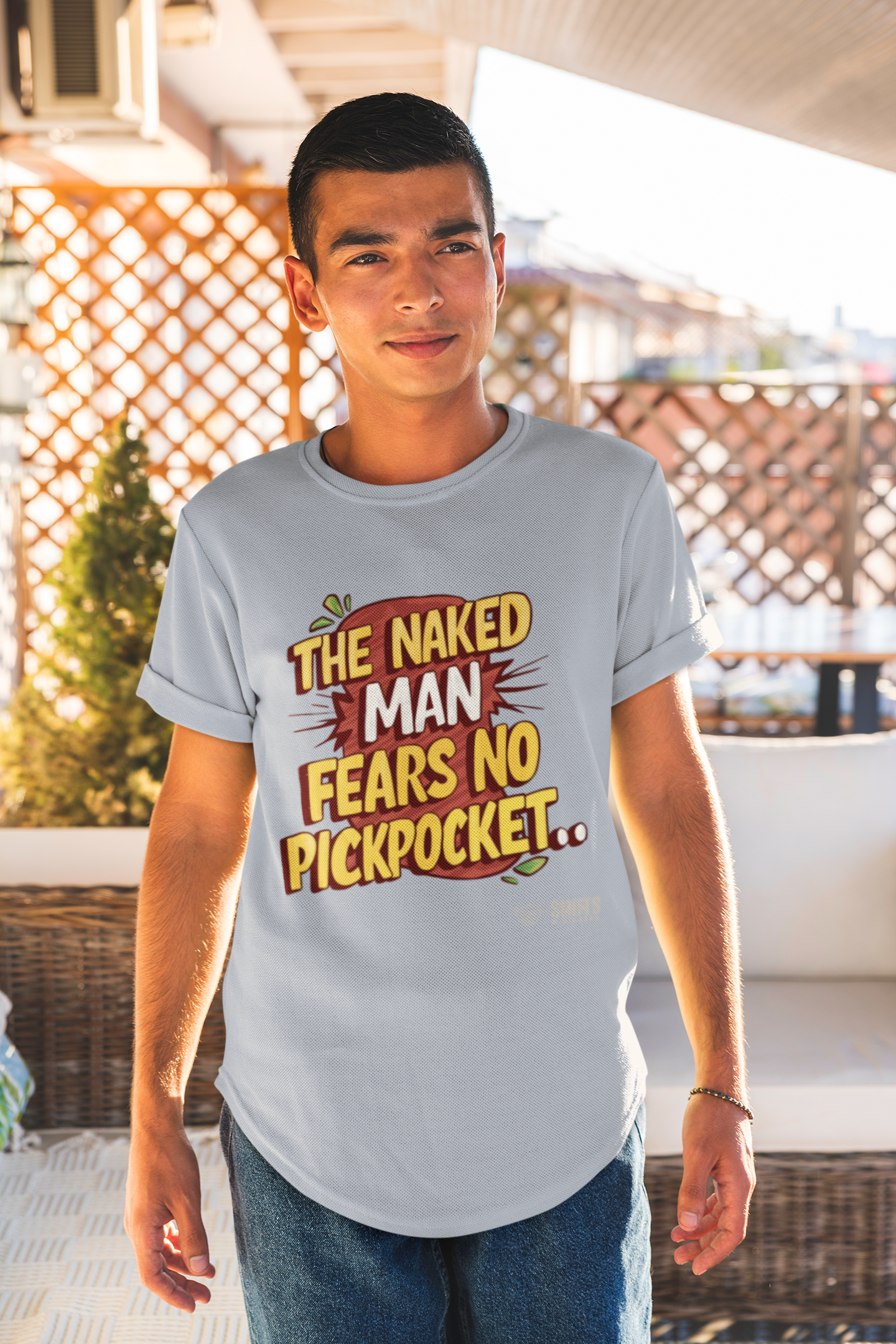 the naked man fears no pickpocket t-shirt